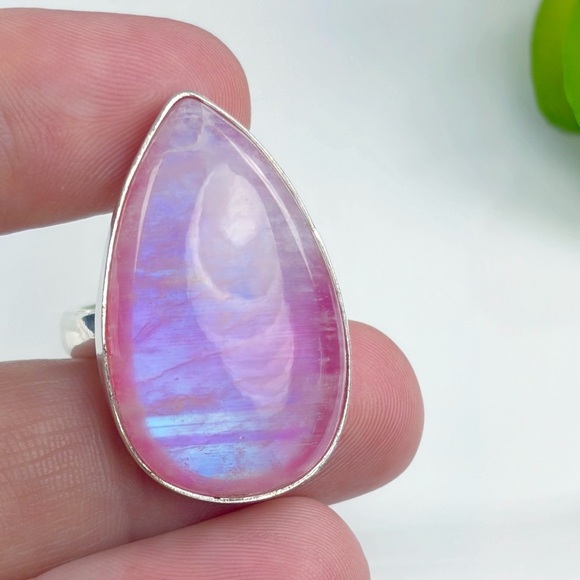 Pink Rainbow Moonstone Ring Size 8 3/4 New Chunky Sterling Silver 925 Overlay - Picture 7 of 11